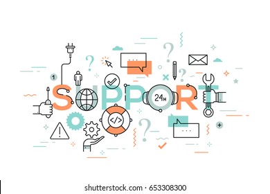 24 hour technical support service, frequently asked questions, response and resolution, solving of user's problem concept. Infographic banner with elements in thin line style. Vector illustration.