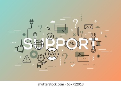 24 hour technical support service, frequently asked questions, response and resolution, solving of user's problem concept. Infographic banner with elements in thin line style. Vector illustration.