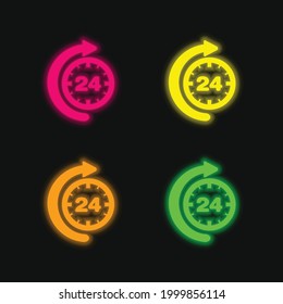 24 Hour Time With Curve Arrow four color glowing neon vector icon