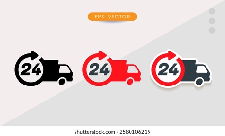 24 hour van fast delivery symbol with van icon and arrow clock, icon flat design for apps and websites, Isolated on white background, Vector illustration