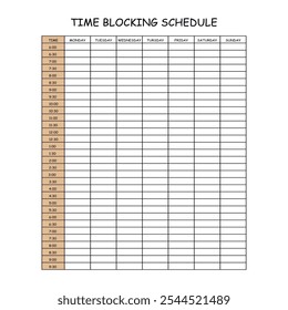 24 Hourly Weekly Schedule - Monday Start. Mockup for daily scheduling and time management. 30-minute increment hourly planner templates. Time Planner.