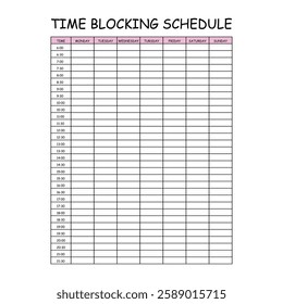 24 Hourly Weekly Schedule - Monday Start. Mockup for daily scheduling and time management. 30-minute increment hourly planner templates. Time Planner.