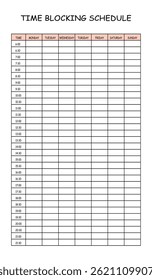 24 Hourly Weekly Schedule - Monday Start. Mockup for daily scheduling and time management. 30-minute increment hourly planner templates. Time Planner.