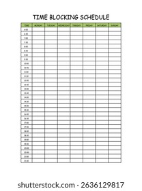 24 Hourly Weekly Schedule - Monday Start. Mockup for daily scheduling and time management. 30-minute increment hourly planner templates. Time Planner.