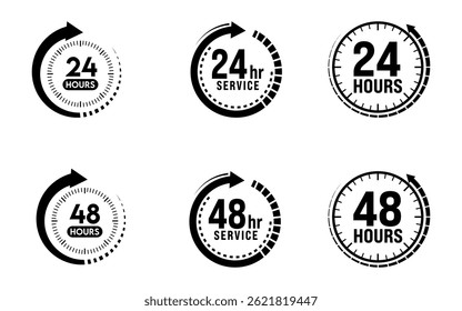 24 hours and 48 hours support service vector icons with circular timer design, black and white round clock elements, delivery time labels, customer support badge, and fast service symbol