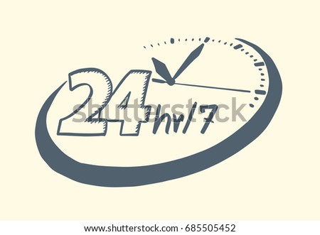 24 hours 7 day clock drawn style. Vector illustration.