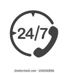 Icono del centro de llamadas de asistencia las 24 horas, los 7 días de la semana. Ilustración vectorial plana en negro sobre fondo blanco.