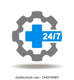 24 hours and 7 days with medical or pharmacy cross and gear vector icon. Medical service symbol. Pharmacy logo.