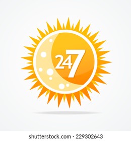 24 Hours And 7 Days Open Sign. Sun Vector Icon.