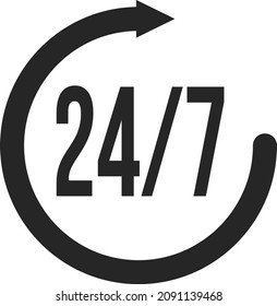 24 hours 7 days service icon in black round arrow