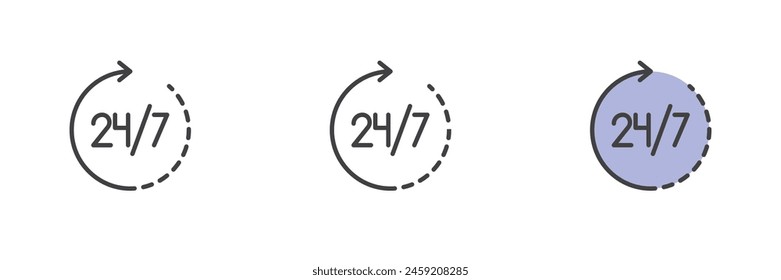 24 Stunden in 7 Tagen Woche verfügbar Service verschiedenen Stil Icon Set. Linie, Glyphe und gefüllte Umrissfarben, Umriss und gefüllte Vektorgrafik. 24 7 Ganztägige Arbeitszeit Symbol, Logo-Illustration