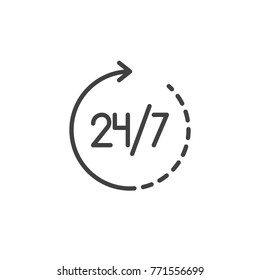 24 hours in 7 days week available service line icon, outline vector sign, linear style pictogram isolated on white. 24/7 all day working time symbol, logo illustration. Editable stroke