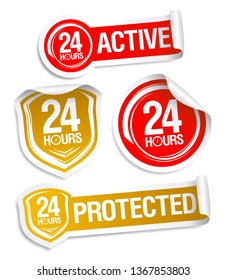 24 hours active and 24 hours protected, vector stickers set