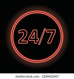 24 hours advertisement vector. 24 7 open. display illustration. neon text, red neon number. 24 hour company, sign for shops and businesses, service hours.
