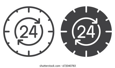 24 hours , around the clock icon, line and solid version, outline and filled vector sign, linear and full pictogram isolated on white. Symbol, logo illustration