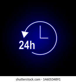 24 hours arrow circle clock icon in blue neon style.. Elements of time illustration icon. Signs, symbols can be used for web, logo, mobile app, UI, UX