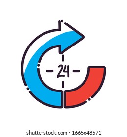 Diseño de icono de estilo de relleno de flecha de 24 horas, logística de entrega transporte transporte almacén de servicios de envío industria y tema global Ilustración de vectores