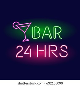 24 hours bar neon light signage vector illustration. Cocktail neon icon.