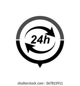 24 hours - black vector icon; map pointer;  message bubble