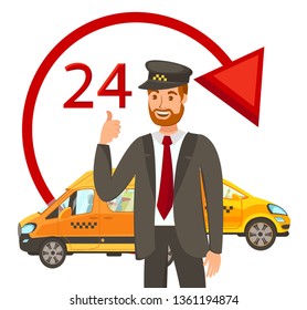 24 Hours Cab Booking Flat Vector Illustration. Happy Chauffeur in Uniform and Cap Showing Thumbs up Isolated Cartoon Character on White Background. Personal Driver. Transport Rental Design Element