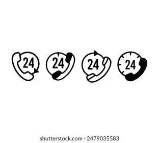 24 hours call center customer support icon vector design symbol sign round circle black white color illustration set