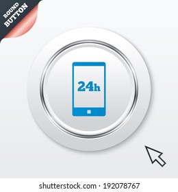 24 hours call center icon. Service and support for customers sign. White button with metallic line. Modern UI website button with mouse cursor pointer. Vector