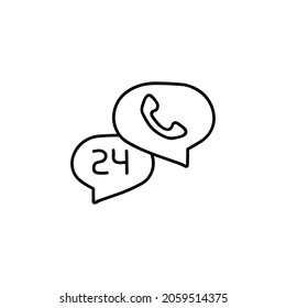 24 Hours Call center icon in flat black line style, isolated on white background 