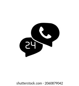 24 Hours Call center icon in solid black flat shape glyph icon, isolated on white background 