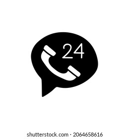 24 Hours Call center icon in solid black flat shape glyph icon, isolated on white background 