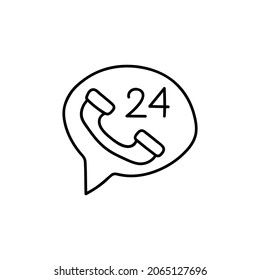 24 Hours Call center icon in flat black line style, isolated on white background 