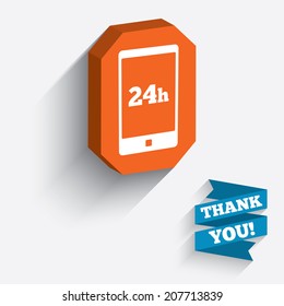 24 hours call center icon. Service and support for customers sign. White icon on orange 3D piece of wall. Carved in stone with long flat shadow. Vector