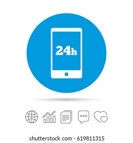 24 hours call center icon. Service and support for customers sign. Copy files, chat speech bubble and chart web icons. Vector