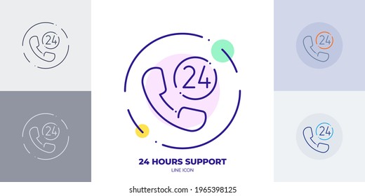 24 hours call line art vector icon. Outline symbol of 24 hours online support. 24 customer support made of thin stroke. Isolated on background.