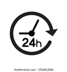 24 horas con icono cíclico de flecha de reloj, ejecución o entrega de pedido abierto, Signo de servicio y de negocios de todo el día, Ilustración vectorial