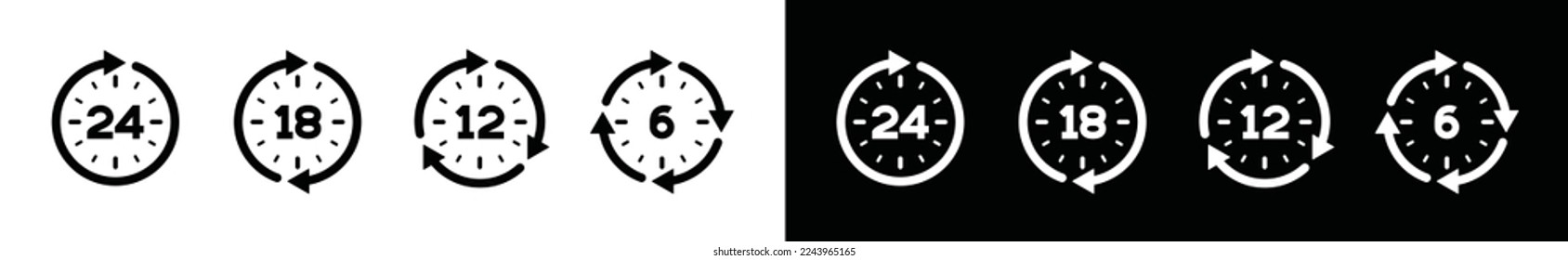 24 hours clock arrow icon set. Twenty-four hours clock symbol. Delivery service time icons vector. Open time icon collection, symbol illustration