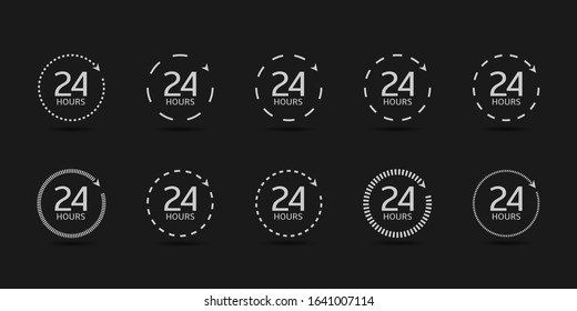 24 Hours clock arrow icons. 24 hours service daily, fast time signs, working hours, quick timely delivery