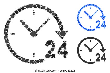 24 hours clock composition of circle elements in various sizes and color tinges, based on 24 hours clock icon. Vector round elements are organized into blue composition.