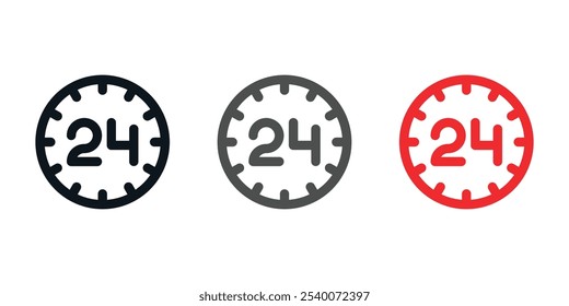 24 horas ícone de relógio. abstrato distintivo seta. botão de negócios. relógio face. conceito de comunicação. cliente conveniência. entrega de prazo 24h. serviço de entrega de varejo. cronômetro, temporizador, ícone de suporte.