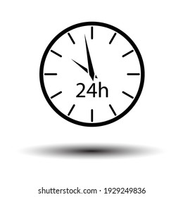 24 Hours Clock Icon. Black on White Background With Shadow. Vector Illustration.