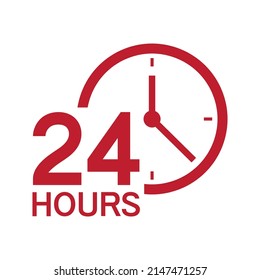 24 hours with clock icon, Opened order execution or delivery, All day business and service sign, Vector illustration