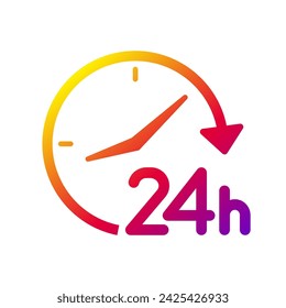 24 hours with clock icon, Opened order execution or delivery, All day business and service sign, Vector illustration