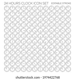 24 Hours Clock Icon Set. Outline Style. Editable Stroke.