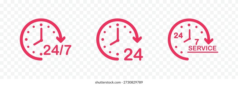 Iconos de reloj de 24 horas con flechas circulares y símbolos de tiempo para un servicio continuo y Ilustración vectorial de concepto durante todo el día. Tiempo veinticuatro icono llenado plano signo para el concepto móvil y el Web