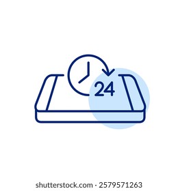 24 hours clock on isometric smartphone. All hours availability, constant communication. Calls or services, day or night. Pixel perfect, editable stroke icon