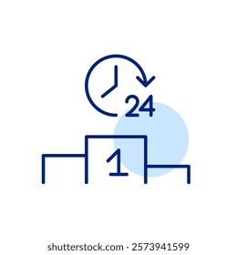 24 hours clock on podium, first place. Constant achievement and success in reaching goals. Pixel perfect, editable stroke icon
