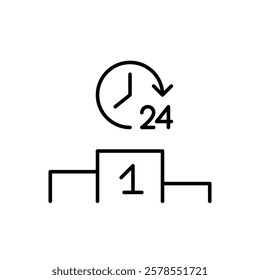 24 hours clock on podium, first place. Constant achievement and success in reaching goals. Pixel perfect vector icon