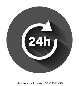 24 hours clock sign icon in flat style. Twenty four hour open vector illustration on black round background with long shadow. Timetable business concept.