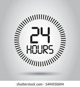 24 hours clock sign icon in flat style. Twenty four hour open vector illustration on isolated background. Timetable business concept.