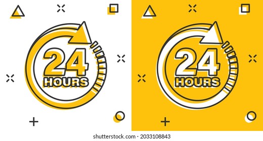 24 hours clock sign icon in comic style. Twenty four hour open vector cartoon illustration on white isolated background. Timetable business concept splash effect.