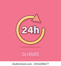 24 hours clock sign icon in comic style. Twenty four hour open vector cartoon illustration on isolated background. Timetable business concept splash effect.